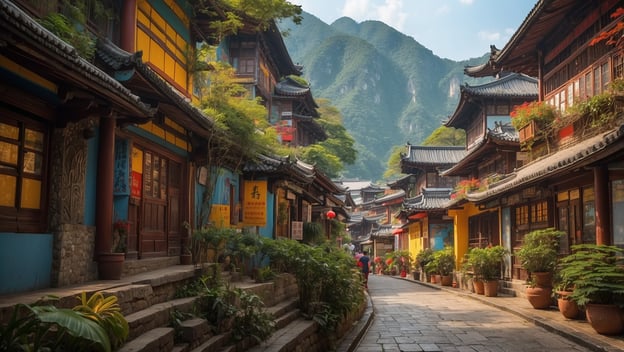 Bunte Häuser und Pflanzen säumen eine schmale Gasse vor einem Bergpanorama. Die Szene strahlt eine ruhige, traditionelle Atmosphäre aus.