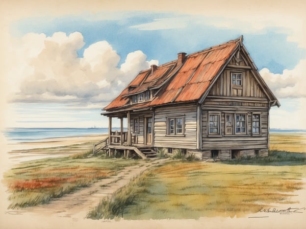Auf dem Bild ist ein typisch friesisches Haus zu sehen, das an der Küste steht. Es erinnert an die Geschichte von Pellworm, einer der Halligen in der Nordsee.Pellworm ist bekannt für seine charmante Küstenschönheit und die reiche Geschichte der Deichwirtschaft. Die dargestellte Architektur spiegelt das traditionelle Leben in dieser Region wider, wo die Menschen im Einklang mit den Gezeiten und den Naturgewalten lebten. Solche Häuser wurden oft aus Holz gebaut und hatten charakteristische rote Dächer, um den Stürmen standzuhalten und den Bewohnern Schutz zu bieten.Die grüne Fläche und der Blick auf die See verleihen dem Bild eine friedliche Atmosphäre, die an die idyllische Landschaft von Pellworm erinnert, wo die Natur noch weitgehend unberührt ist und das Leben in Ruhe und Tradition verläuft.