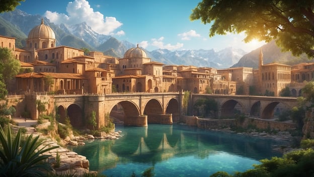 Eine malerische Stadt mit historischen Gebäuden, einer Brücke und Bergen im Hintergrund, umgeben von einem ruhigen Wasser.