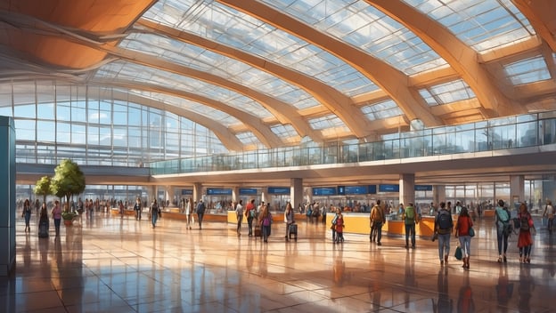 Ein moderner Flughafen mit großen Fenstern, vielen Reisenden und Check-in-Schaltern im Vordergrund.
