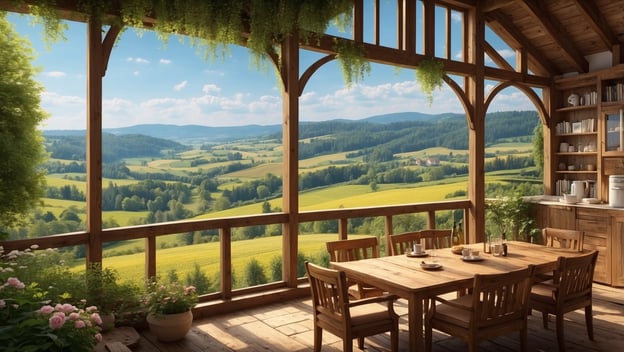 Eine Holzveranda mit Tisch und Stühlen bietet einen Blick auf grüne Wiesen und sanfte Hügel unter blauem Himmel.