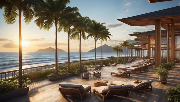 Moderne Lounge-Bereiche mit Liegen und Terrassen am Strand, Palmen und ein Sonnenuntergang über dem Meer.