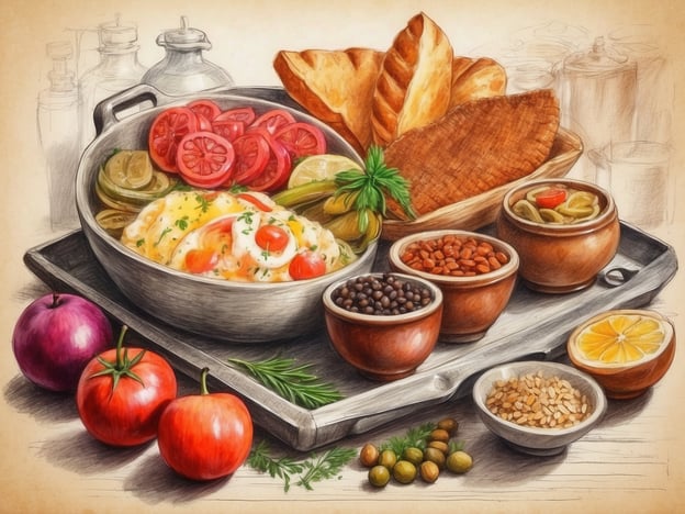 Auf dem Bild ist eine vielfältige Auswahl an Gerichten und Zutaten zu sehen, die typisch für die kulinarische Vielfalt Bosnien-Herzegowinas sind. Im Vordergrund befinden sich frische Gemüse, darunter Tomaten und Zwiebeln, die in der bosnischen Küche häufig verwendet werden. In der Mitte liegt ein Gericht, wahrscheinlich eine Art Eintopf oder Gemüsegericht, das mit Kräutern garniert ist.Um das Hauptgericht herum sind verschiedene Beilagen in kleinen Schalen angeordnet, darunter Oliven, Hülsenfrüchte und Samen, die oft in der bosnischen Küche zu finden sind. Im Hintergrund liegen frisch gebackenes Brot und möglicherweise ein paar weitere Zutaten, die für die Zubereitung typisch sind. Solche Platten repräsentieren die reichhaltige und vielfältige kulinarische Tradition, die sowohl mediterrane als auch mittelöstliche Einflüsse umfasst.