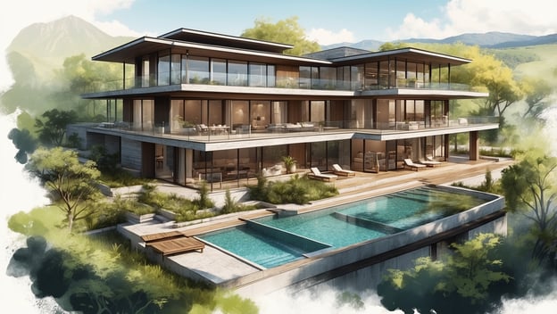 Moderne Villa mit großen Fenstern, Pool und umgebender Landschaft. Im Hintergrund sind Berge und Bäume sichtbar.