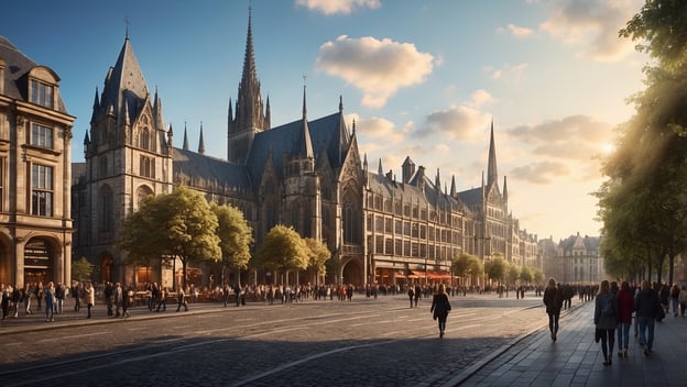 Eine belebte Straße mit historischen Gebäuden und Bäumen, die in der Abendsonne leuchten. Menschen schlendern entlang der Promenade.