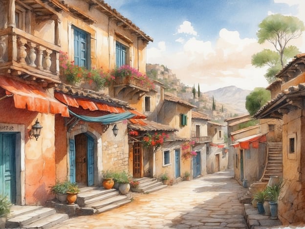 Auf dem Bild ist eine malerische Gasse zu sehen, die typisch für mediterrane Dörfer ist. Die bunten Fenster und Türen aus Holz strahlen einen rustikalen Charme aus, während die Blumenkästen und Pflanzen an den Wänden eine einladende Atmosphäre schaffen. Diese Art von Architektur findet man häufig in Regionen Südeuropas, insbesondere in Ländern wie Griechenland oder Italien.Die warmen Erdtöne der Gebäude, kombiniert mit den terrakottafarbenen Markisen, sind charakteristisch für die Bauweise in diesen sonnigen Gebieten. Die schmalen, gepflasterten Straßen und die geschwungenen Treppen fügen sich harmonisch in die Landschaft ein, die im Hintergrund von sanften Hügeln und Zypressen geprägt ist.In vielen mediterranen Dörfern ist das Leben ruhig und gemeinschaftlich, was auch durch die Gestaltung solcher Gassen angedeutet wird. Man könnte sich leicht vorstellen, dass hier Einheimische beim Plaudern auf den Bänken entspannen oder Besucher die Atmosphäre genießen.