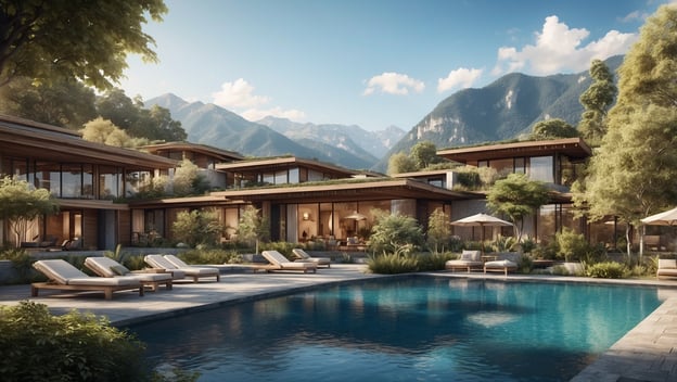 Luxuriöse Villen am Pool, umgeben von grüner Landschaft und Bergen unter blauem Himmel. Entspannung und Natur harmonieren.