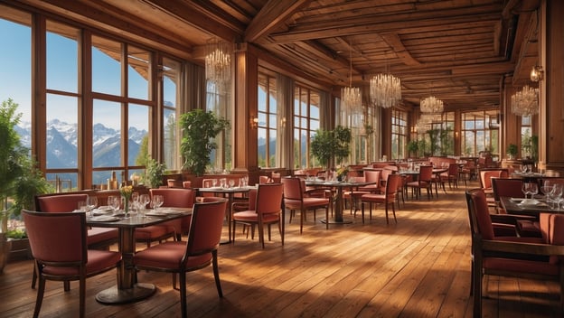 Elegantes Restaurant mit Holzboden, roten Stühlen und Pflanzen, großen Fenstern mit Alpenblick und Kronleuchtern.