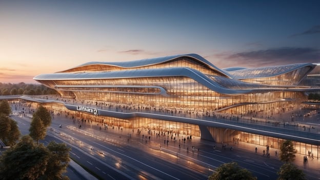 Moderne Flughafenarchitektur von Lufthansa, umgeben von Besuchern, die Zukunftstechnologien am Fraport erleben.