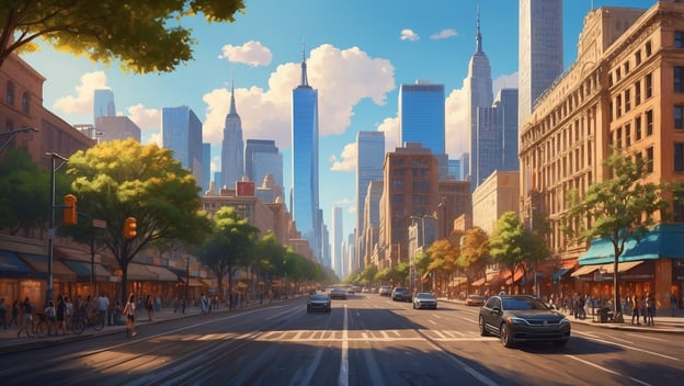 Eine belebte Stadtstraße mit modernen Hochhäusern, Bäumen, Menschen und Autos unter blauem Himmel mit einigen Wolken.