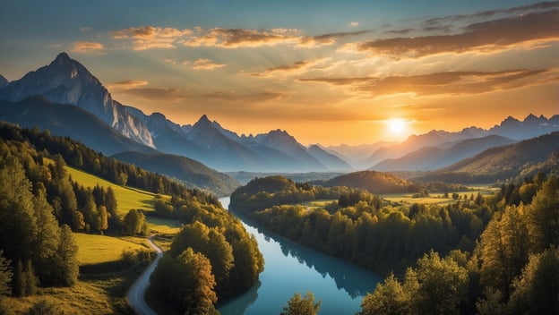 Blick auf ein malerisches Tal mit einem Fluss, umgeben von Bergen, Wald und Wiesen bei Sonnenuntergang.
