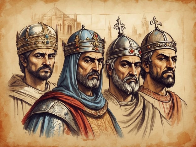 Auf dem Bild sind vier majestätische Herrscher abgebildet, die in prunkvollen Gewändern und mit eindrucksvollen Kronen gekleidet sind. Diese Darstellung erinnert an die mittelalterliche Herrschaft, in der Monarchen oftmals durch ihre Kleidung und Insignien Macht und Reichtum zur Schau stellten.Die Herrscher scheinen in einer aufrechten Pose zu stehen, was ihre Autorität und Ernsthaftigkeit symbolisiert. Ihre Kronen sind mit Edelsteinen geschmückt, was auf den Reichtum und die Bedeutung ihrer Herrschaft hinweist. Die Architektur im Hintergrund verweist möglicherweise auf den Einfluss der Byzantinischen Ära, vielleicht durch Bauten, die typisch für diese Zeit sind, wie Kirchen oder Paläste, die für ihre Hochkultur und Kunst bekannt war.Insgesamt vermittelt das Bild ein Gefühl von Macht und historischem Erbe, das sowohl das mittelalterliche als auch das byzantinische Zeitalter widerspiegelt.