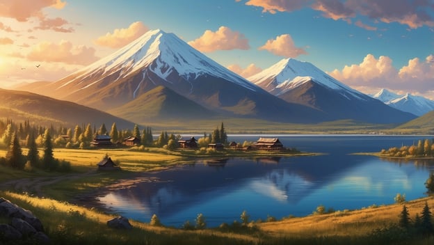 Schöne Landschaft mit schneebedeckten Bergen, einem ruhigen See und traditionellen Hütten am Ufer, von Bäumen umgeben.