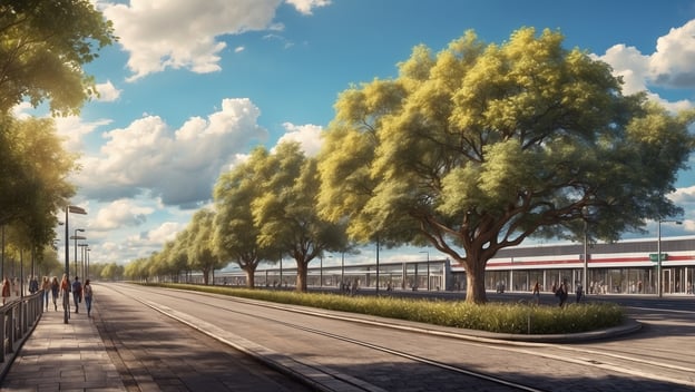 Passagiere schlendern an einer belebten Straße mit Bäumen entlang und genießen den schönen Himmel am Flughafen Shannon.