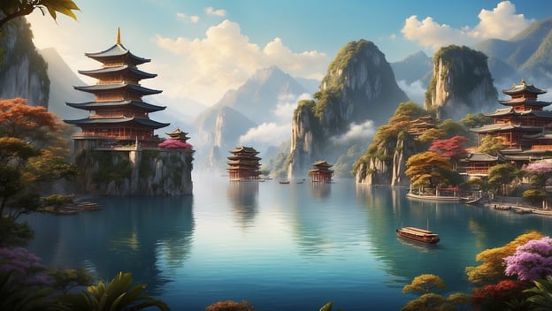 Landschaft mit traditionellen Pagoden am Wasser, umgeben von Bergen und bunten Bäumen, friedliche Atmosphäre.