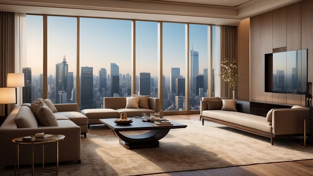 Luxuriöses Wohnzimmer mit Blick auf die Skyline von Tokio, moderne Möbel und große Fenster, warmes Licht.