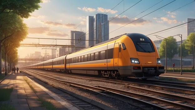 Ein orangefarbener Zug fährt auf den Gleisen in einer städtischen Umgebung bei Sonnenuntergang. Passanten sind im Vordergrund.
