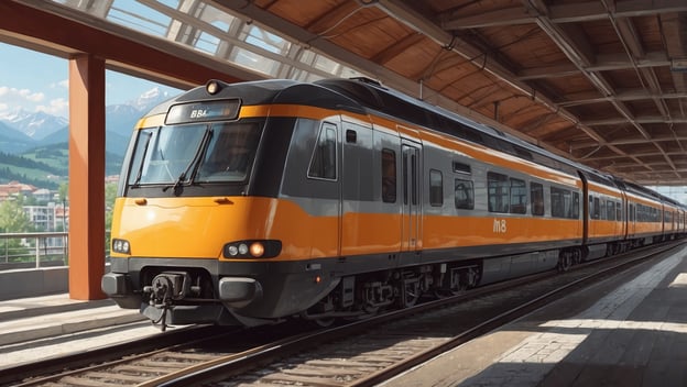 Ein orange-schwarzer Zug steht in einem Bahnhof mit Holzdach, im Hintergrund sind Berge und eine Stadt zu sehen.