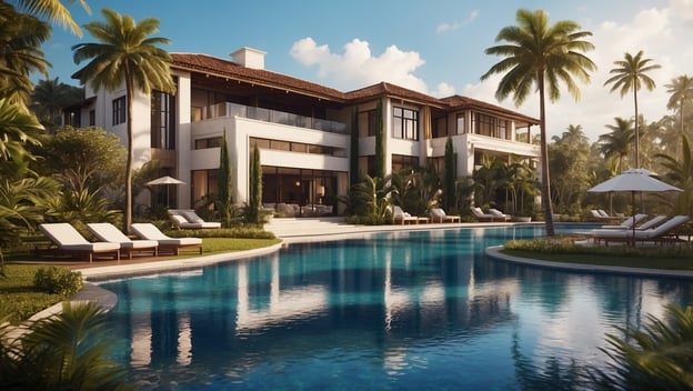 Luxuriöses Resort in Florida mit Pool, Palmen und elegantem Design, ideal für entspannende Ferien.