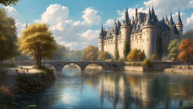 Eine malerische Burgaussicht im Atlantischen Loiretal, umgeben von Bäumen und einem ruhigen Fluss, unter blauem Himmel.