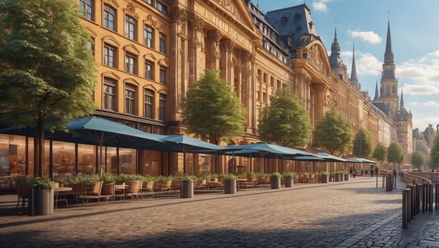 Eine belebte Fußgängerstraße mit Cafés unter blauen Sonnenschirmen, historischen Gebäuden und Bäumen im Hintergrund.