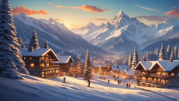 Schneebedeckte Berge mit Skifahrern und Chalets bei Sonnenuntergang, das ideale Skiurlaubsziel 2023 für preisbewusste Skifahrer.