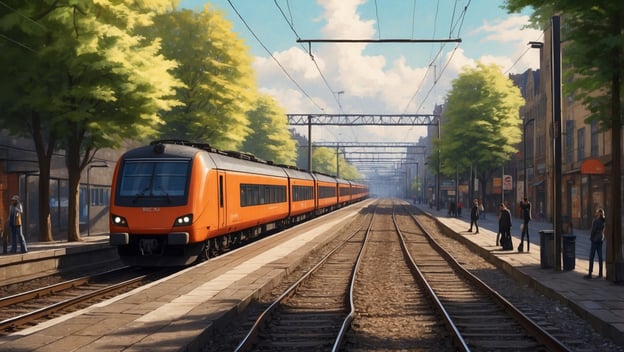 Einer orangefarbene Zug steht an einem Bahnhof. Menschen stehen auf dem Bahnsteig, Bäume und Häuser sind im Hintergrund zu sehen.