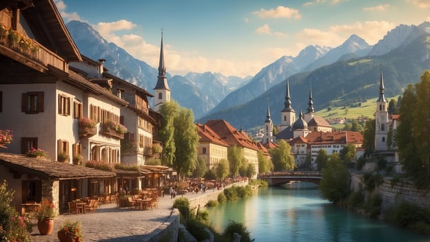 Ein malerischer Blick auf eine bayerische Stadt am Flussufer, umgeben von Bergen und historischen Gebäuden.