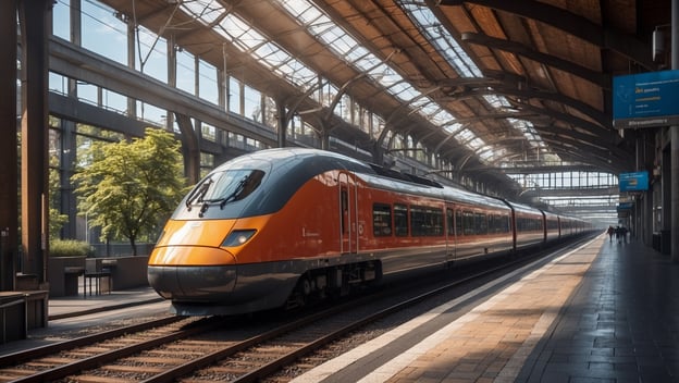 Ein moderner Zug steht in einem großen Bahnhof mit Glasdach. Die Gleise sind sichtbar und es sind wenige Menschen zu sehen.