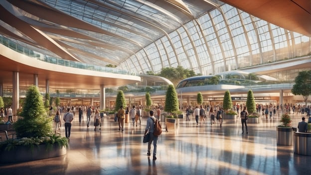 Moderne Flughafenhalle mit gläsernem Dach, vielen Pflanzen und Passagieren, die sich unter den breiten Bögen bewegen.
