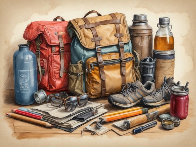 Auf dem Bild sind verschiedene Wanderutensilien zu sehen, darunter zwei Rucksäcke, Wasserflaschen, ein Paar Wanderschuhe, Schreibmaterialien sowie einige andere nützliche Gegenstände.Hier sind praktische Tipps für eine gelungene Wanderreise:1. **Vorbereitung ist alles**: Informiere dich über die Wanderroute, den Schwierigkeitsgrad und das Wetter.2. **Richtige Ausrüstung**: Trage bequeme Wanderschuhe, einen passenden Rucksack und wähle geeignete Kleidung für die Witterungsbedingungen.3. **Wasser und Snacks**: Nimm ausreichend Wasser und nahrhafte Snacks mit, um dich während der Wanderung zu stärken.4. **Navigation**: Nutze Karten oder GPS-Geräte, um den richtigen Weg zu finden.5. **Sicherheitsvorkehrungen**: Informiere jemanden über deine Pläne und trage ein Erste-Hilfe-Set bei dir.6. **Langsame Steigerung**: Beginne mit leichten Wanderungen und steigere dich nach und nach zu anspruchsvolleren.Viel Spaß auf deiner Wanderreise!