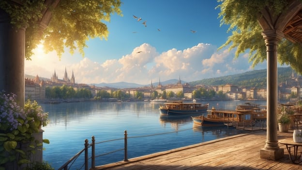 Panorama einer malerischen Stadt am Fluss, mit Booten im Wasser, grünen Bäumen und historischen Gebäuden im Hintergrund.