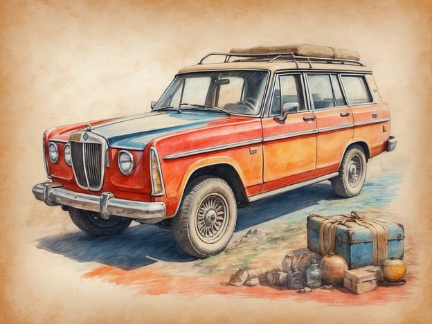 Auf dem Bild ist ein farbenfroher PKW zu sehen, der im Vintage-Stil gehalten ist. Er hat eine rot-blaue Lackierung und steht auf einem sandigen Untergrund. Neben dem Auto liegen einige Gepäckstücke, darunter Koffer und verschiedene Behälter.In der Geschichte von Sofia könnte dieser Wagen ein Symbol für Freiheit und Abenteuer sein. Vielleicht plante Sofia eine Reise ins Unbekannte, wobei sie all ihre wichtigen Dinge dabei hatte. Die bunte Lackierung des Autos spiegelt ihre lebendige Persönlichkeit wider und den Wunsch, neue Erfahrungen zu sammeln. Sofia könnte in diesen Koffer ihre Träume und Erinnerungen gepackt haben, bereit, sie überallhin mitzunehmen.