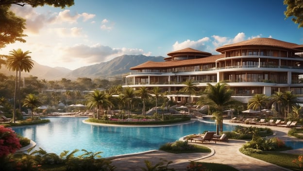 Luxuriöses Resort mit Pool, Palmen, blühenden Pflanzen und Aussicht auf Berge im Hintergrund, ideal für regenerativen Tourismus.