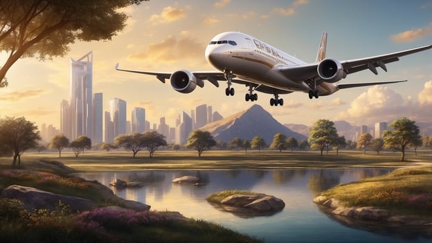 Ein modernes Flugzeug von Etihad Airways fliegt über eine malerische Landschaft mit Bergen und Wolkenkratzern im Hintergrund.