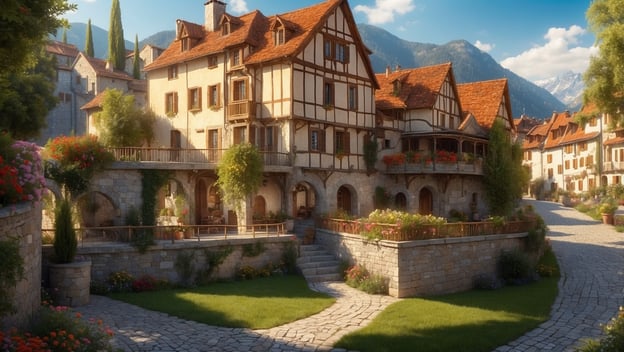 Ein malerisches Dorf mit traditionellen Häusern, blühenden Gärten und gepflasterten Wegen, umgeben von Bergen.