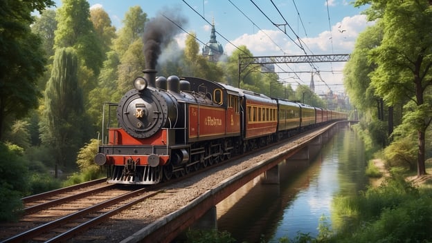 Eine dampfbetriebene Lokomotive fährt entlang einer malerischen Strecke durch einen bewaldeten Bereich neben einem Fluss.