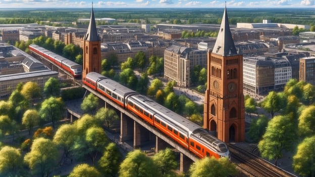 Ein Zug fährt über eine Brücke mit einem markanten Turm im Hintergrund, umgeben von urbaner Landschaft und Bäumen.