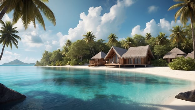 Tropische Insel mit eleganten Strandvillen, Palmen und klarem Wasser unter einem blauen Himmel. Ideal für Erholung und Luxus.