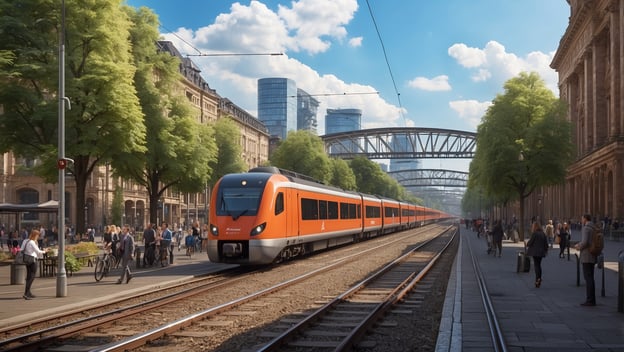 Ein orangefarbener Zug fährt auf einer Gleisanlage vorbei, während Menschen und Fahrräder auf dem Bürgersteig stehen.