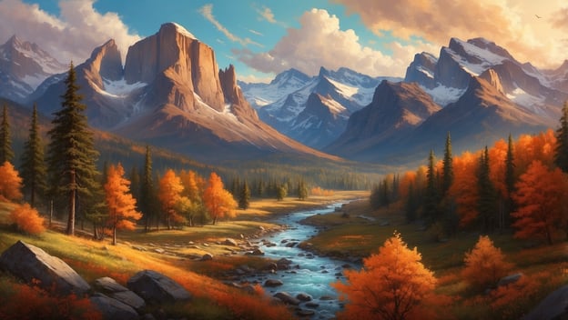 Eine malerische Landschaft mit hohen Bergen, einer klaren Flusslandschaft und bunten Herbstbäumen im Vordergrund.