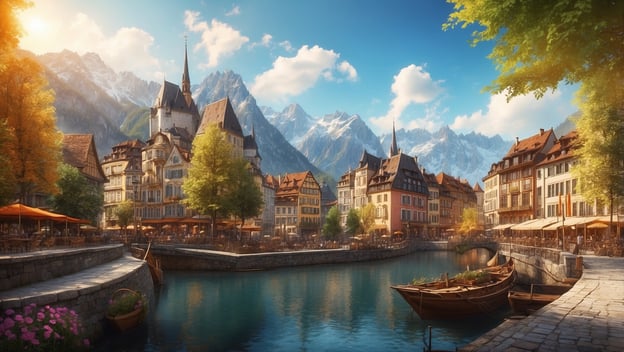 Idyllische Stadt am Wasser mit historischen Gebäuden und Bergen im Hintergrund, umgeben von Bäumen und terrassierten Cafés.