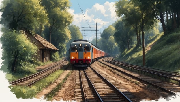 Ein orangefarbener Zug fährt auf einer Bahnstrecke durch eine grüne Landschaft mit Bäumen und einem alten Bahnhofsgebäude.