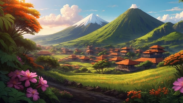 Vulkanlandschaft mit zwei Berggipfeln und traditionellen Häusern umgeben von grünen Feldern und bunten Blumen.