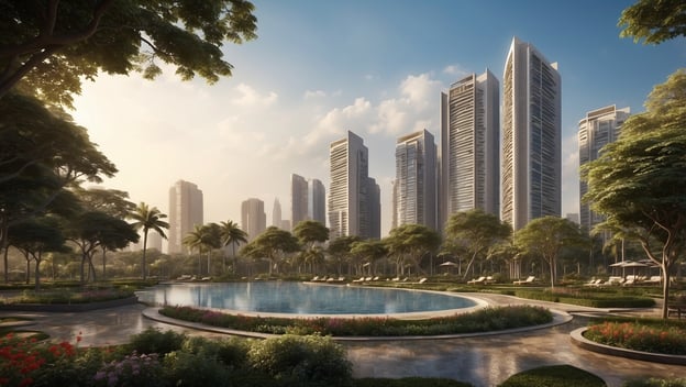 Moderne Wolkenkratzer umgeben von üppigem Grün und einem Pool im Garten der Four Seasons Private Residences in Mumbai.