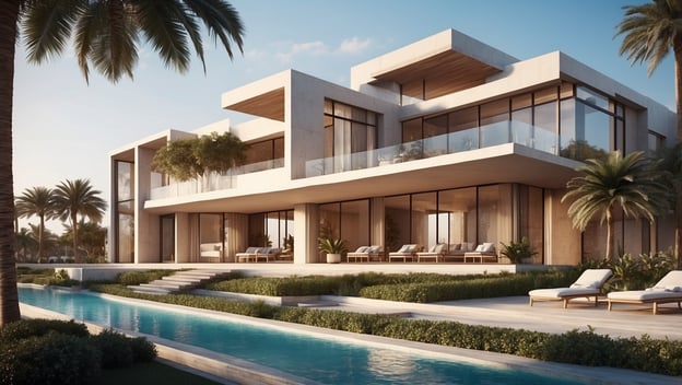 Exklusive Strandvillen am Saadiyat Beach zeigen moderne Architektur, große Fenster, Pool und üppige Vegetation.
