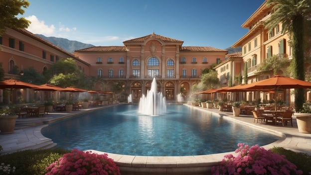 Ansicht eines eleganten Hotels mit einem Pool, Springbrunnen und Terrassen mit Sonnenschirmen umgeben von Pflanzen.