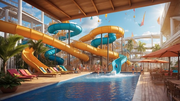 Wasserpark mit farbenfrohen Rutschen, einem Pool und Sonnenliegen, umgeben von Palmen und Menschen, die Spaß haben.