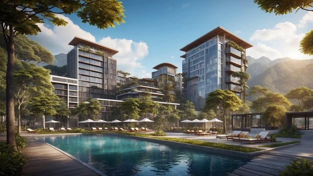 Moderne Designhotels von Wyndham und Ovolo umgeben von Natur mit Pool und Liegen in einer tropischen Landschaft.