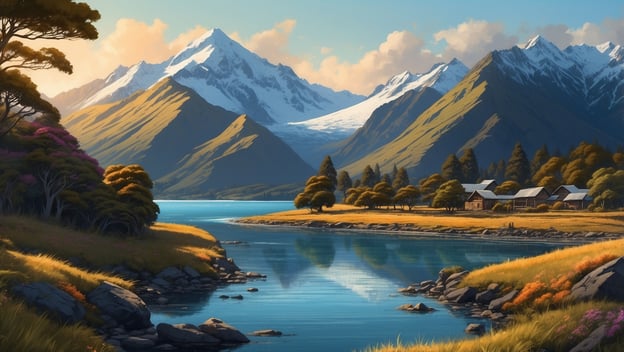 Eine ruhige Landschaft mit Bergen, einem klaren See und traditionellen Holzhäusern umgeben von Bäumen und bunten Blumen.